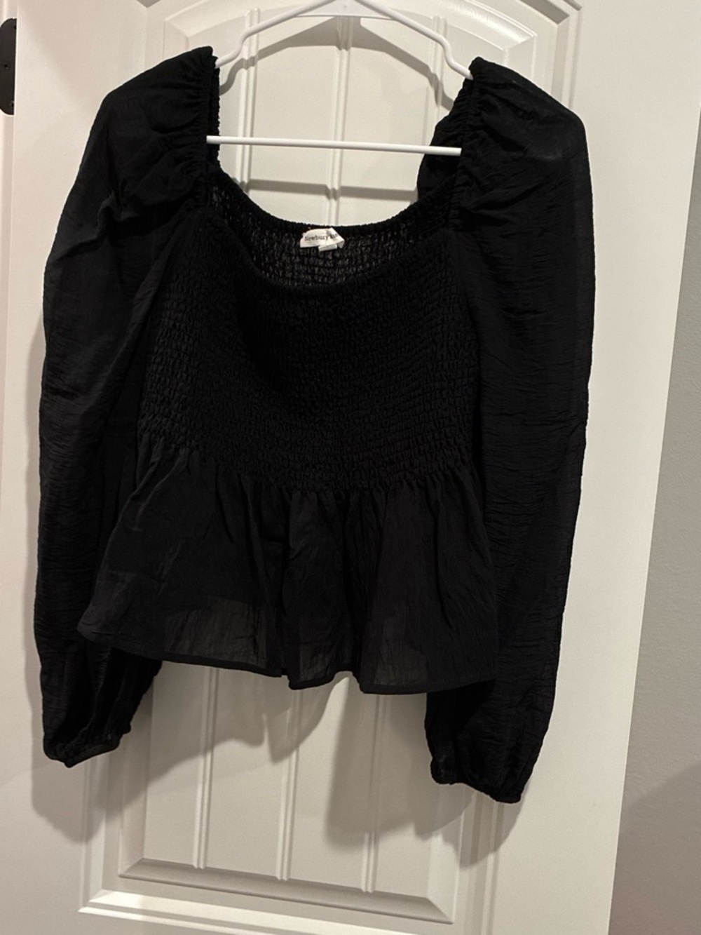 Newbury Kustom Black Smocked Peplum Long-Sleeve Blouse